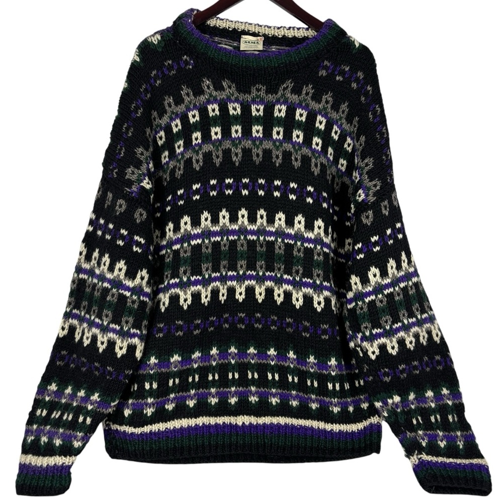 Vintage ALMA 100% Wool Handmade Long Sleeve Outdoor Winter Ski Sweater XL